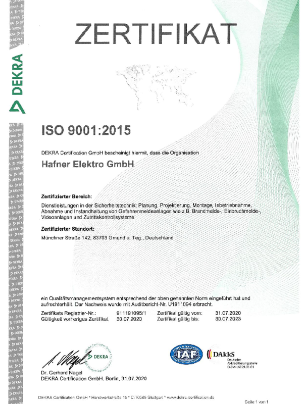 Zertifikat ISO 9001:2015 bei Elektro Hafner GmbH in Gmund am Tegernsee