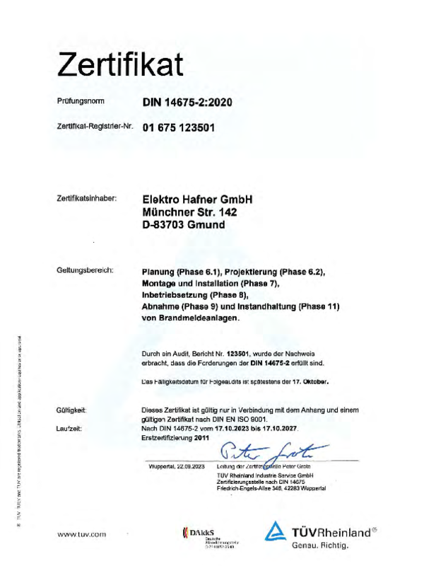 Zertifikat DIN 14675 bei Elektro Hafner GmbH in Gmund am Tegernsee