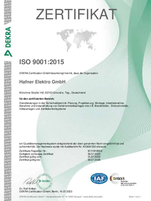 Zertifikat ISO 9001:2015 bei Elektro Hafner GmbH in Gmund am Tegernsee