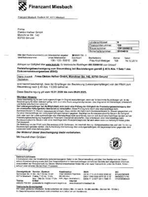 Freistellungsbescheinigung bei Elektro Hafner GmbH in Gmund am Tegernsee