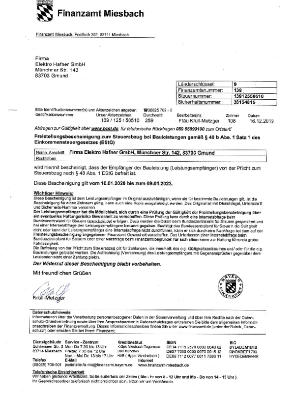 Freistellungsbescheinigung bei Elektro Hafner GmbH in Gmund am Tegernsee