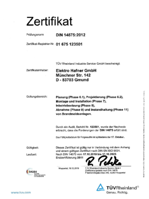 Zertifikat DIN 14675 bei Elektro Hafner GmbH in Gmund am Tegernsee